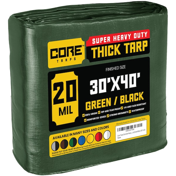 Core Tarps Heavy Duty Tarp, 40 ft L x 0.5 mm H x 30 ft W, 20 Mil, Green/Black, Polyethylene CT-703-30X40 - main